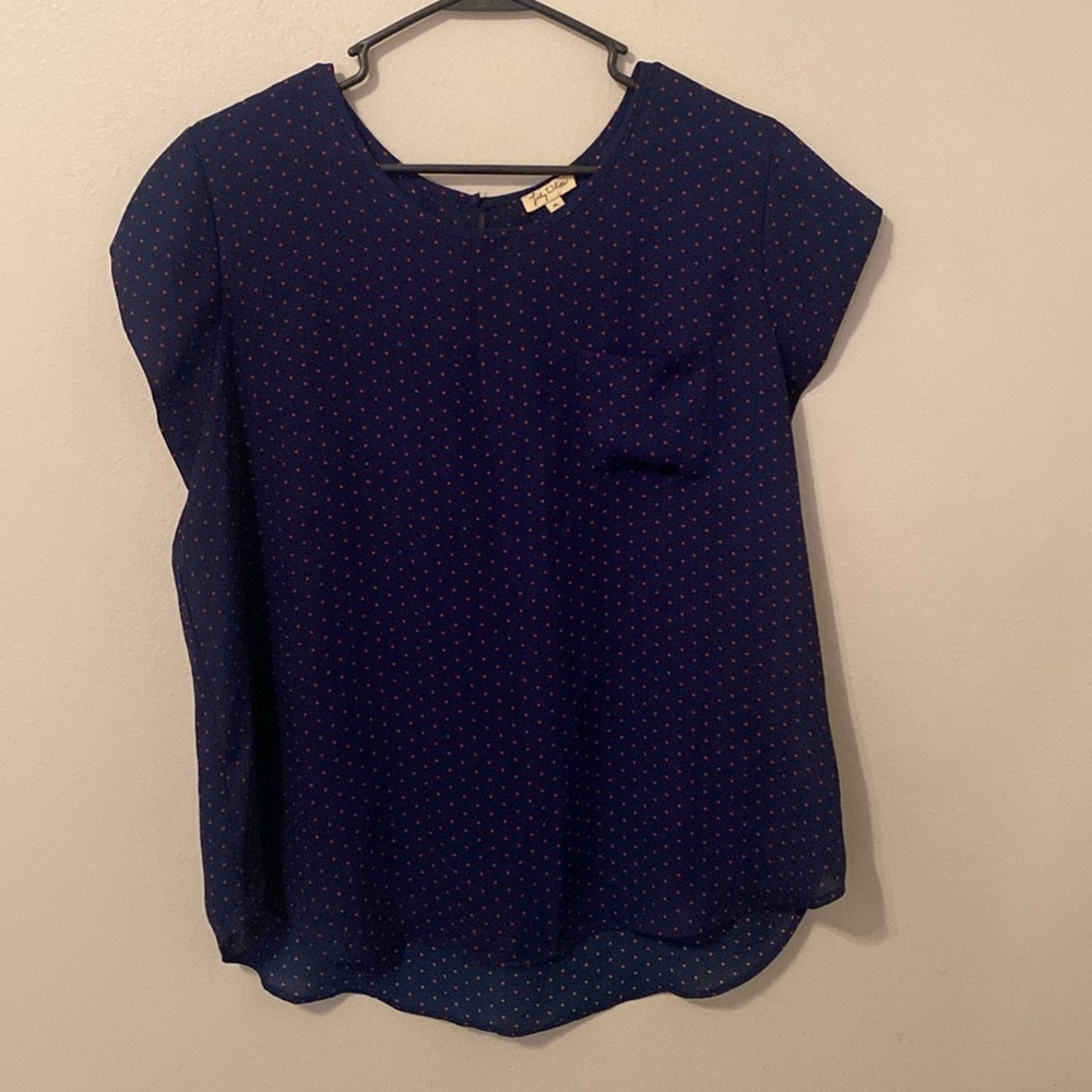 Lily White Navy CapSleeve Front-Pocket Blouse with Red Polka Dots [Size: XL]